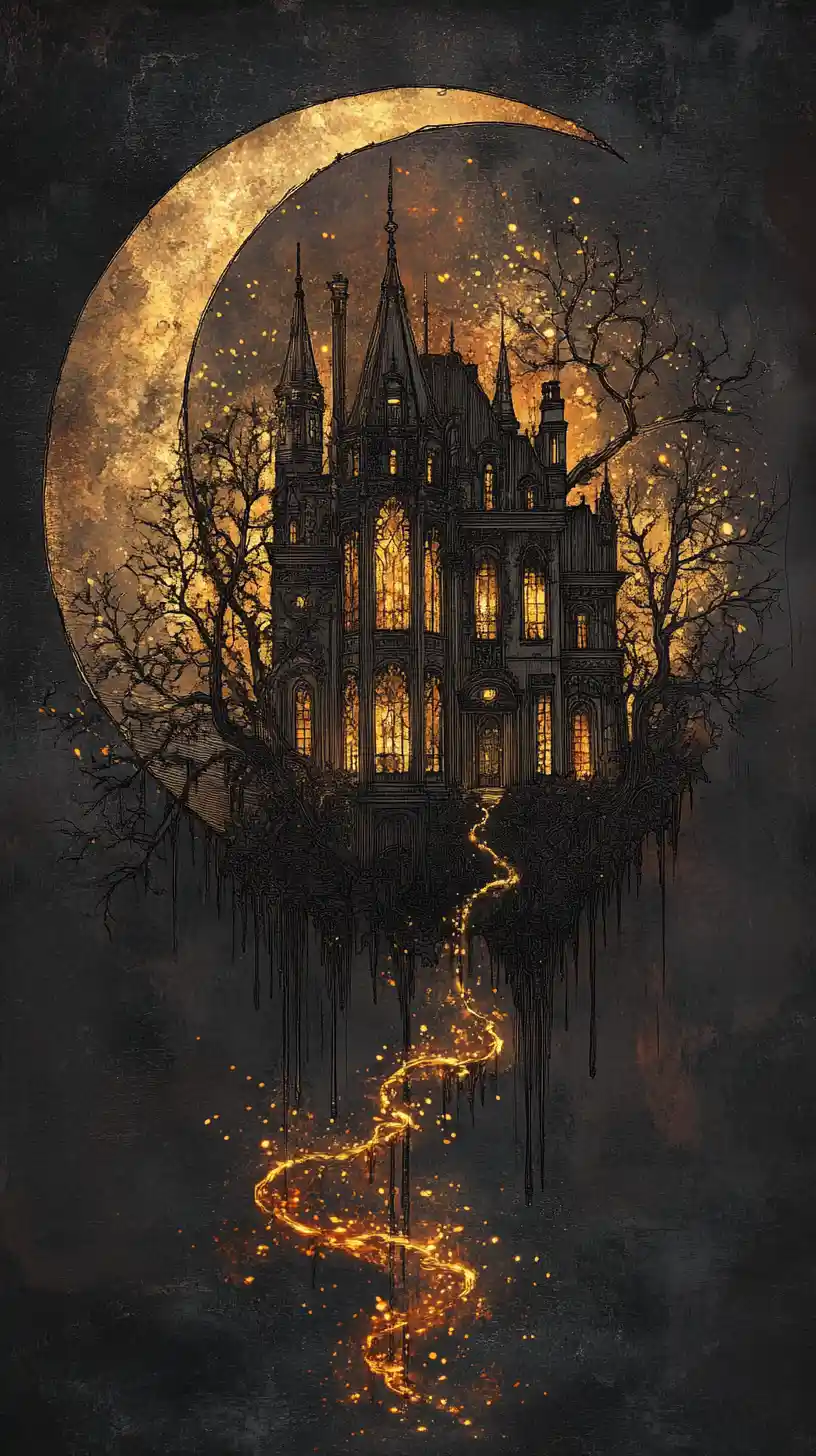 Gothic crescent moon framing a glowing victorian manor