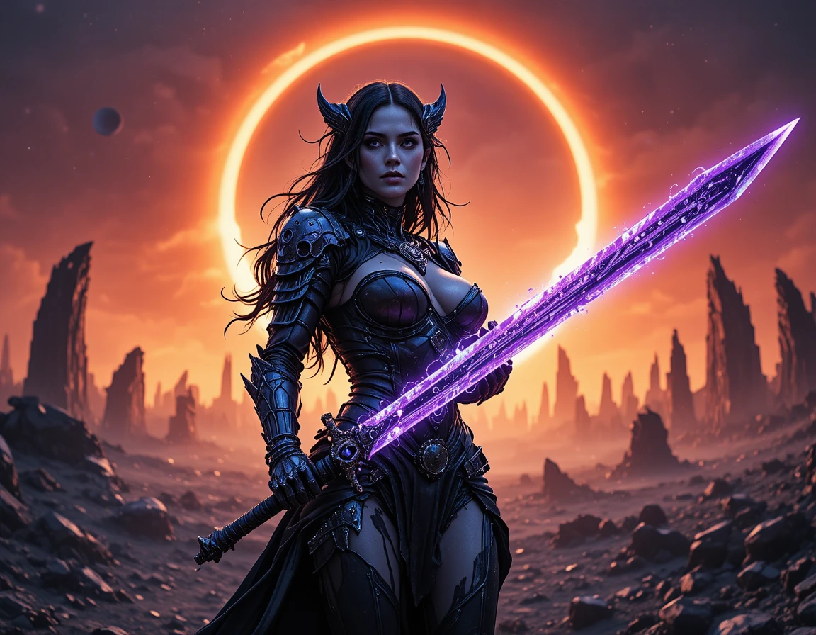 Dark paladin woman with violet runeblade under eclipse