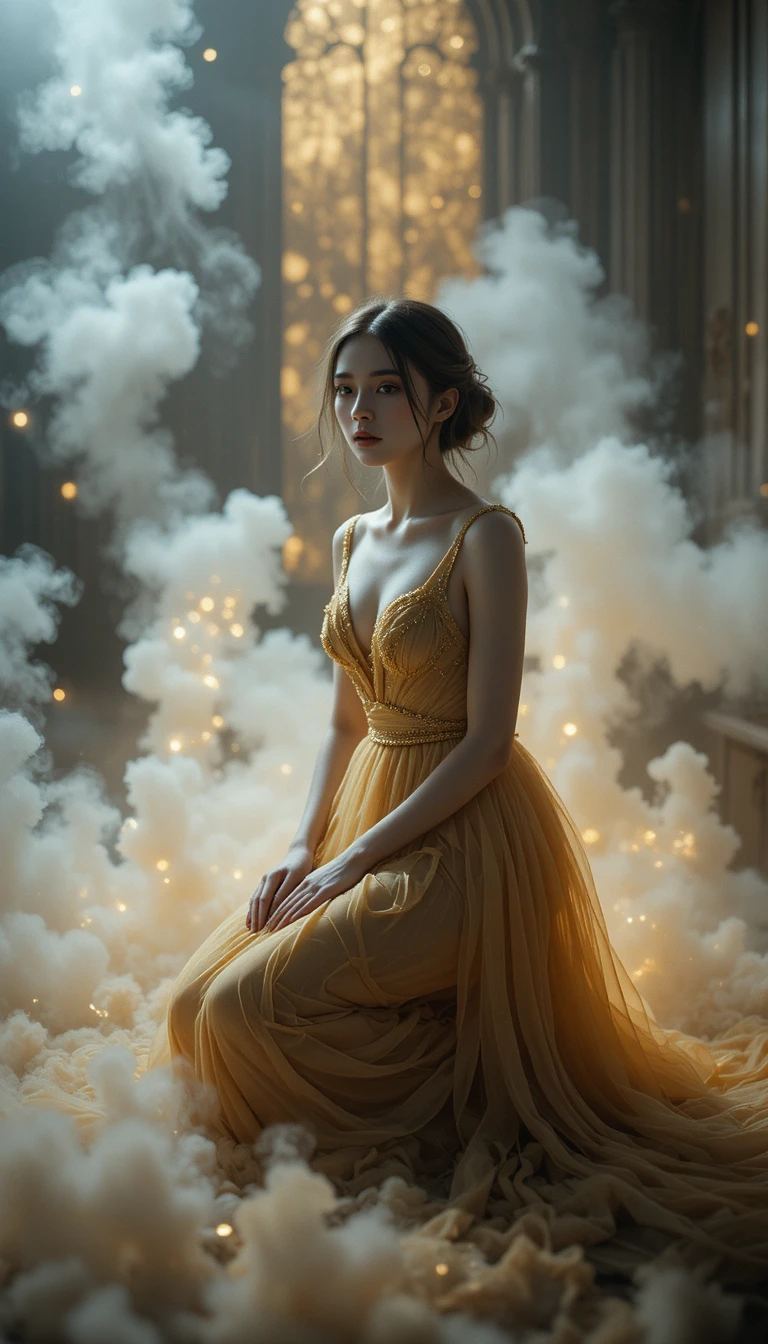 Ethereal woman kneeling in molten gold gown and smoke