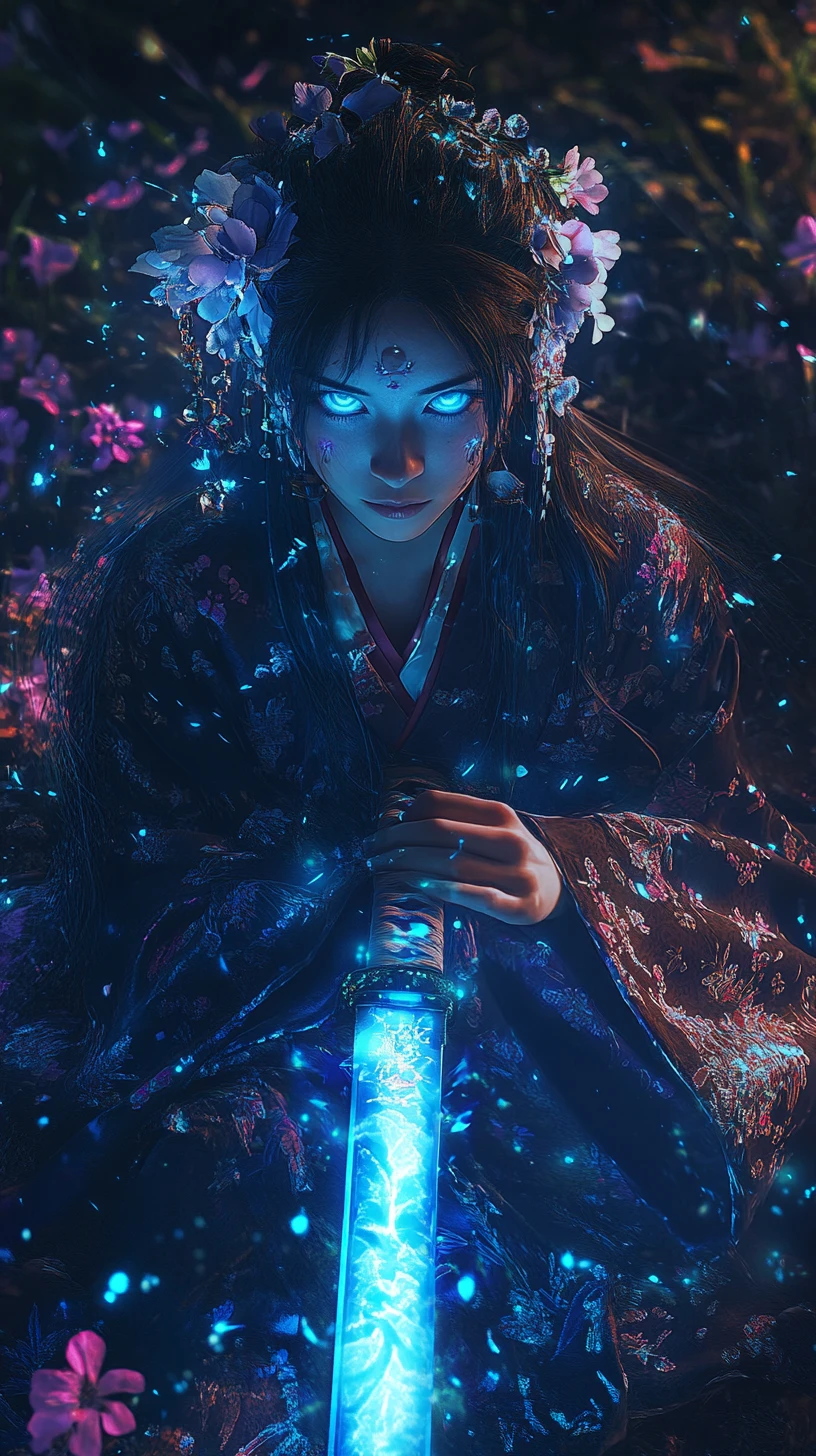 Kunoichi girl with blue energy katana in forest