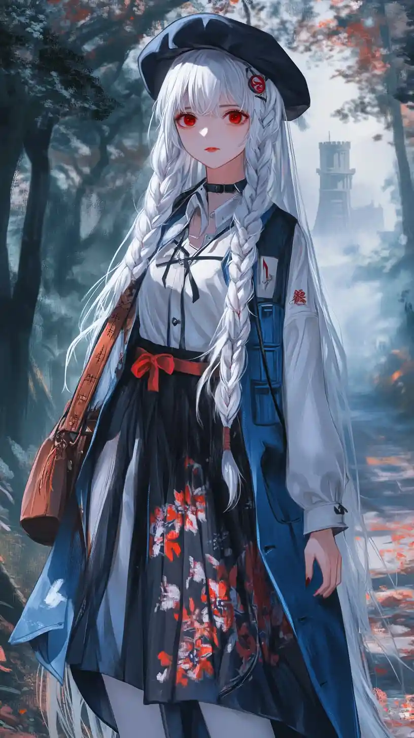Gloomy anime girl in a misty forest path