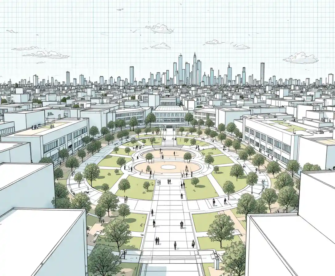 Birds eye view of modern city square and park illustration