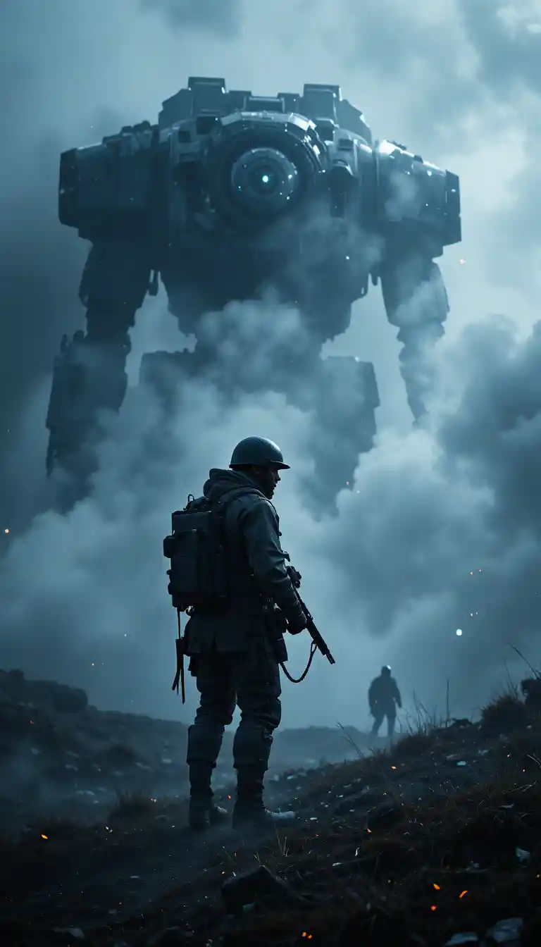 Terrified modern soldier on a foggy night battlefield