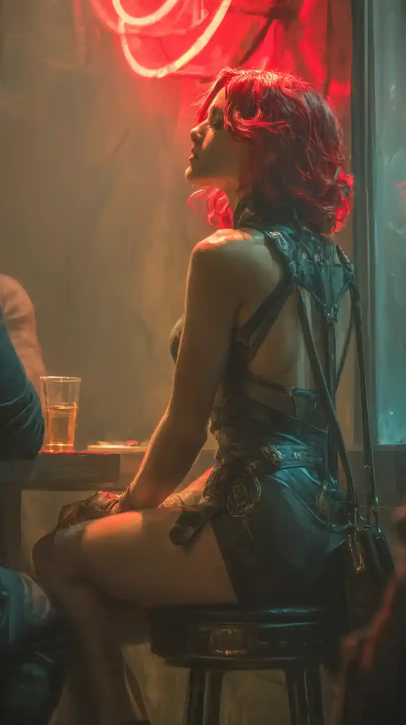 Muscular red haired woman in neon cyberpunk interior