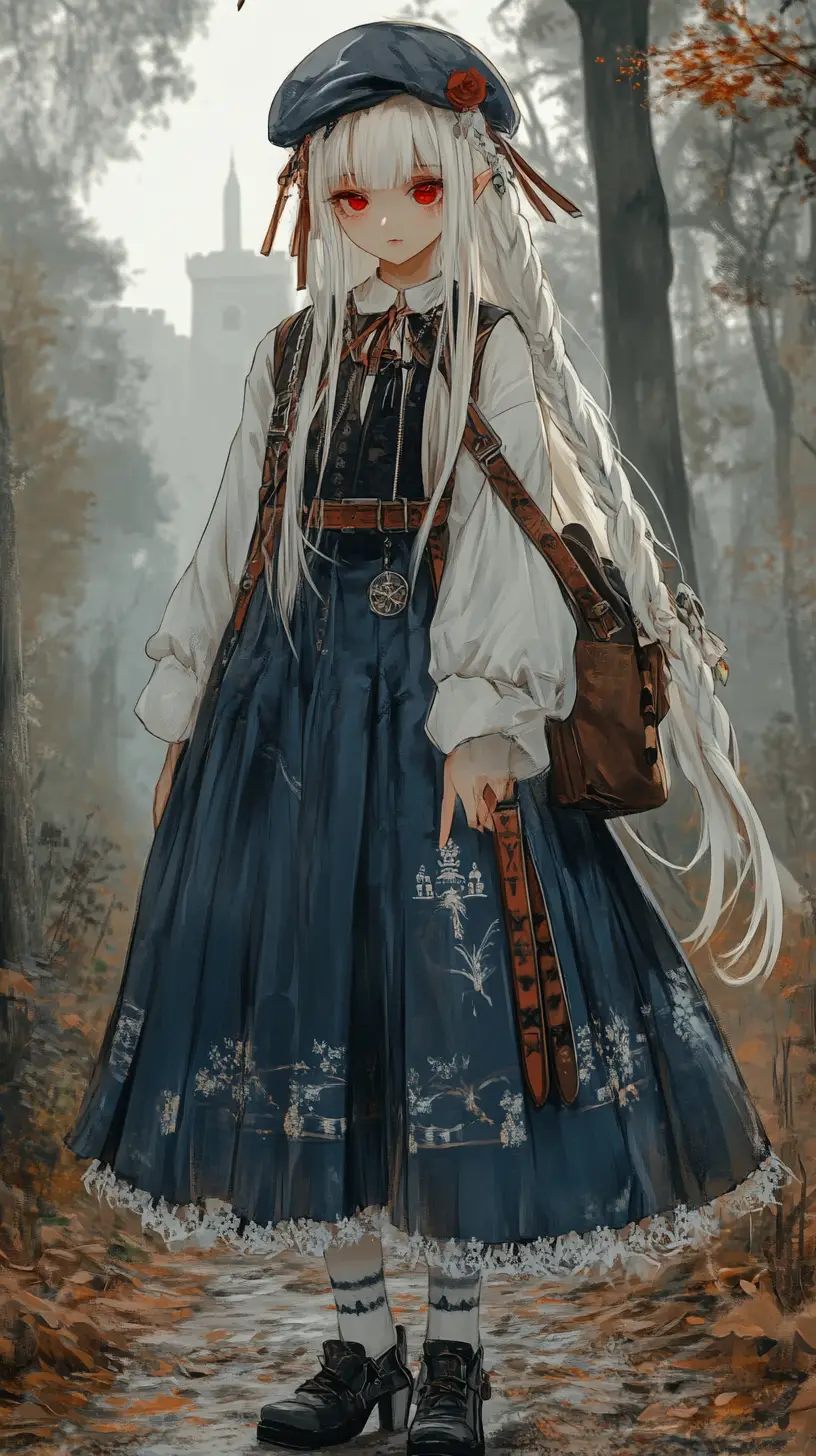 Ragazza anime in una foresta nebbiosa con un lungo cappotto blu