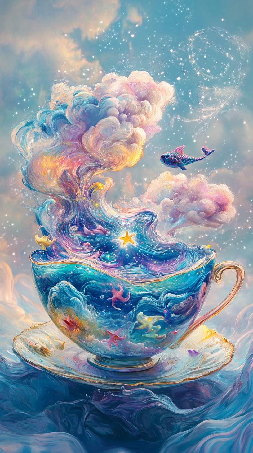 Océano Surreal en Taza de Té con Nubes y Galaxias