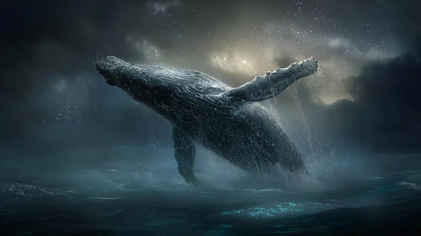 Humpback whale breaching from a dark twilight ocean