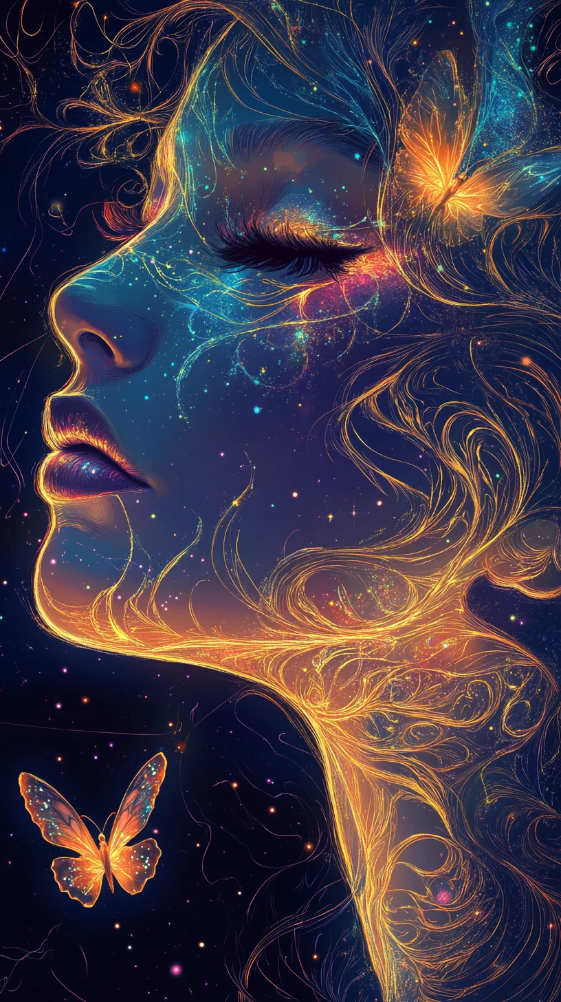 Ethereal girl silhouette with glowing butterfly and stardust