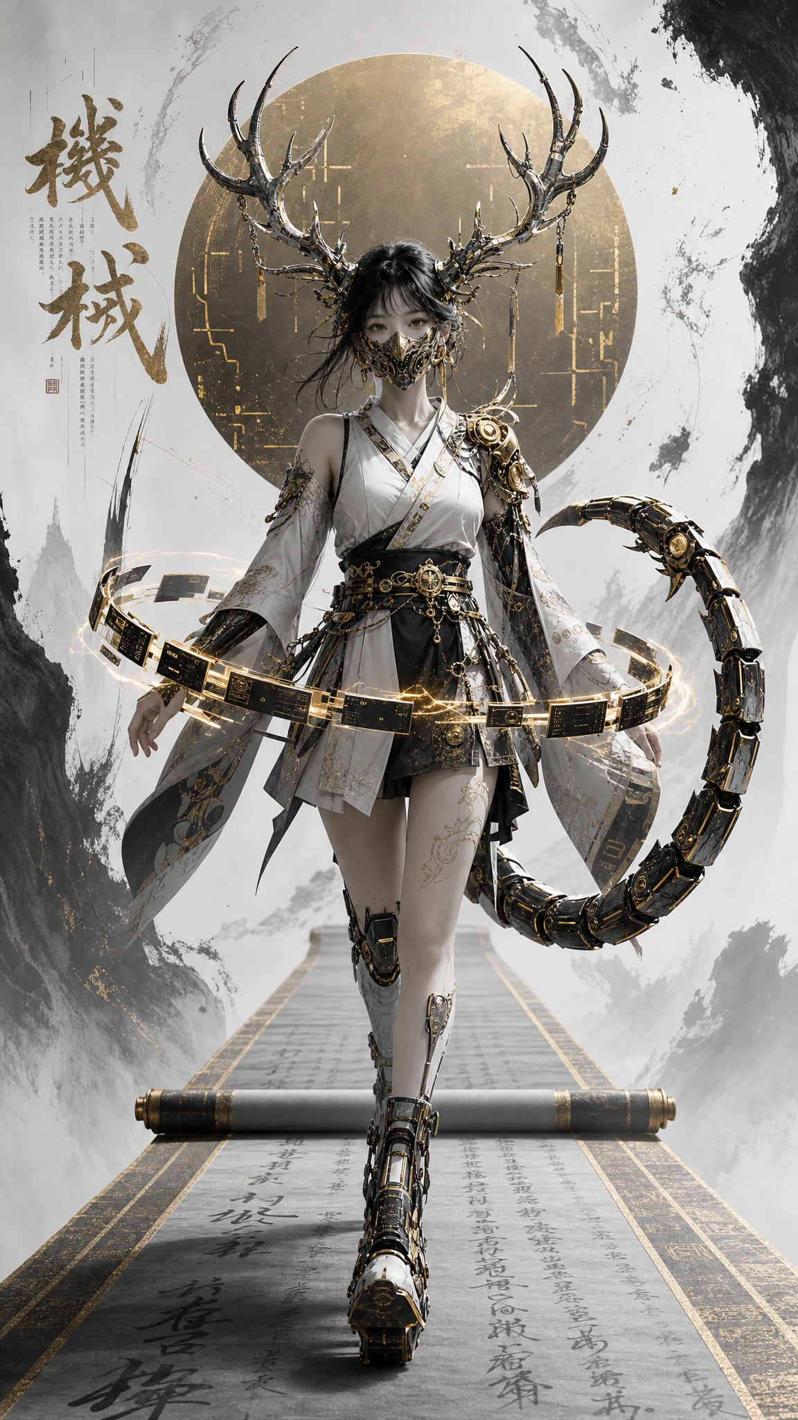 Fantasy woman with antlers walking in cybernetic landscape