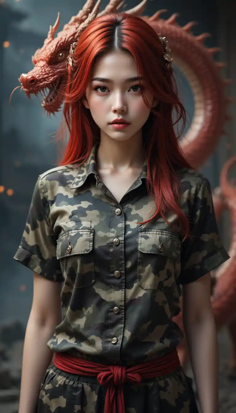 Asian warrior woman with red hair and fire dragon