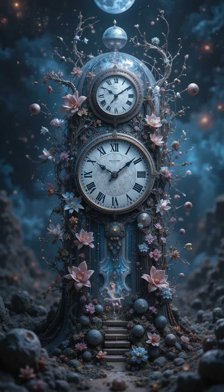 Surreal 3D clock floating in deep cosmic fractal space
