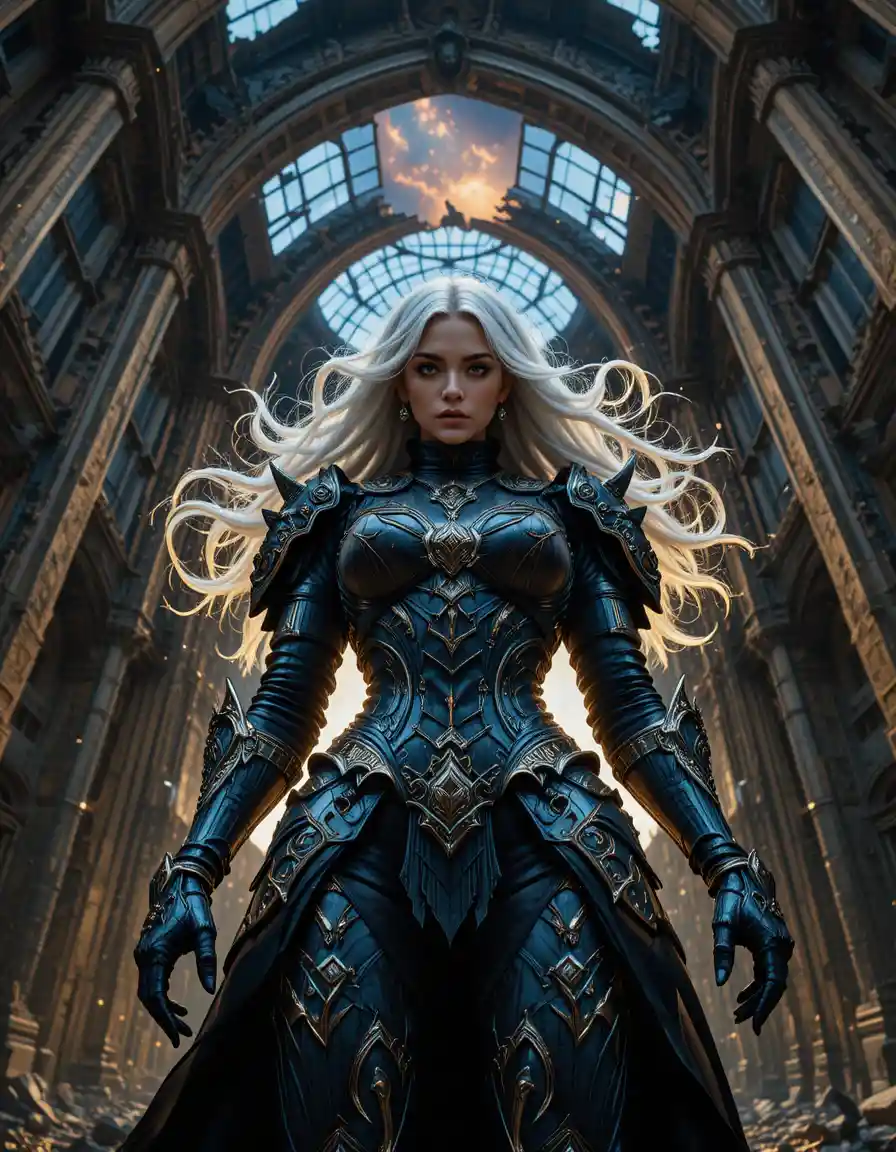 Dark armored warrior woman before ruined gothic cathedral