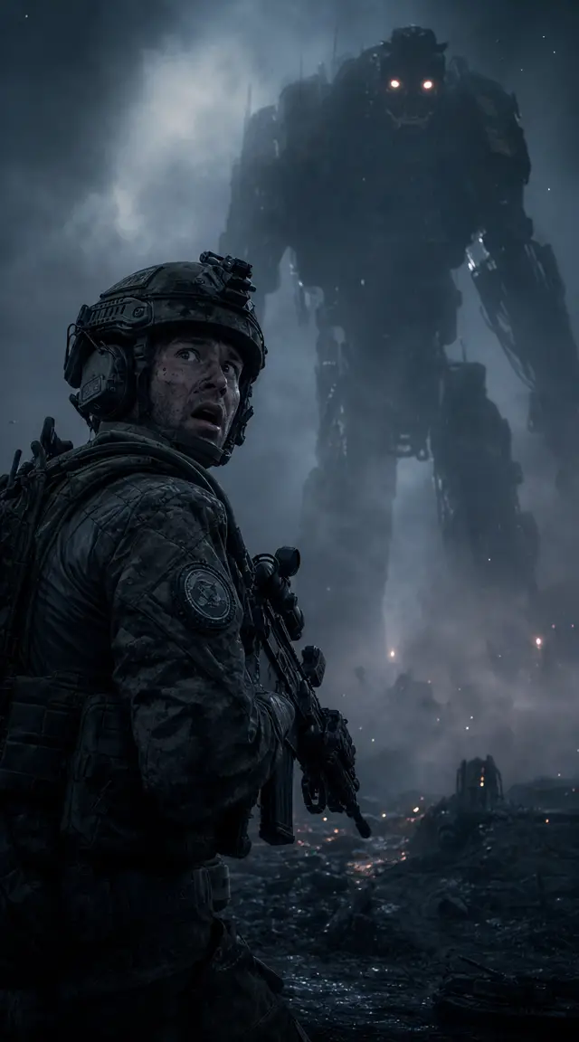 Terrified soldier on a foggy battlefield facing looming mech