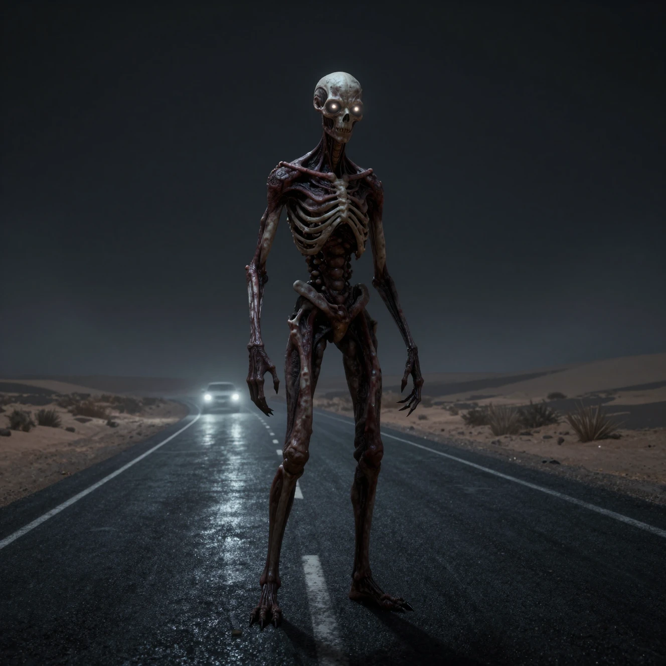 Humanoid Creature On Lonely Desert Highway At Midnight