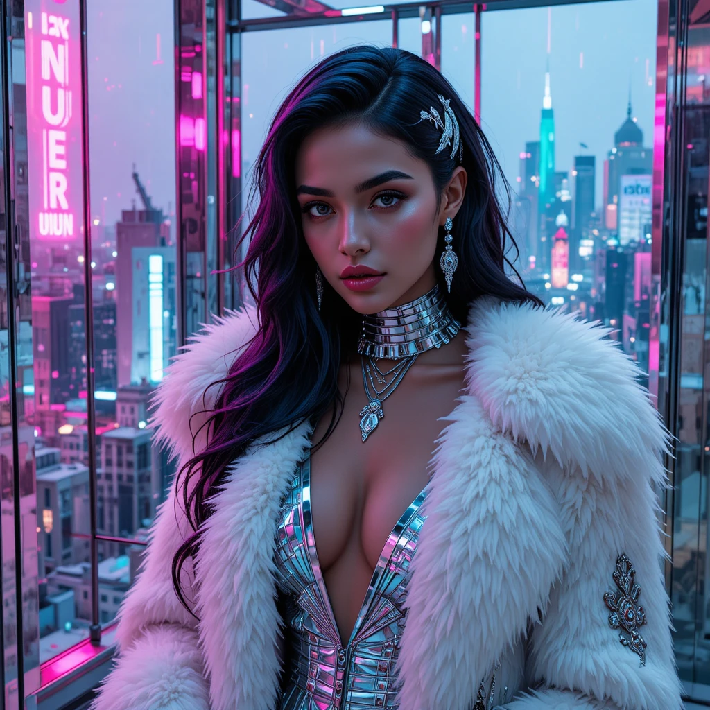 Cyberpunk woman in chrome penthouse overlooking dystopian city