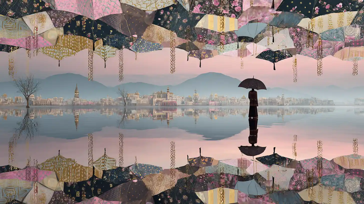 Giant Patchwork Umbrella Floating Above Reflective Water