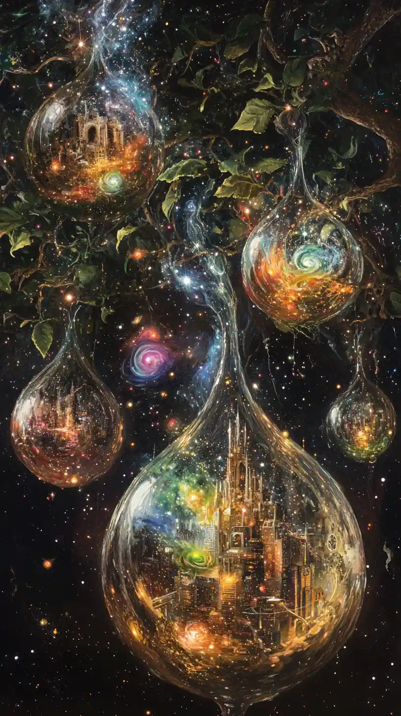 Surreal orchard of trees bearing translucent dream filled fruit