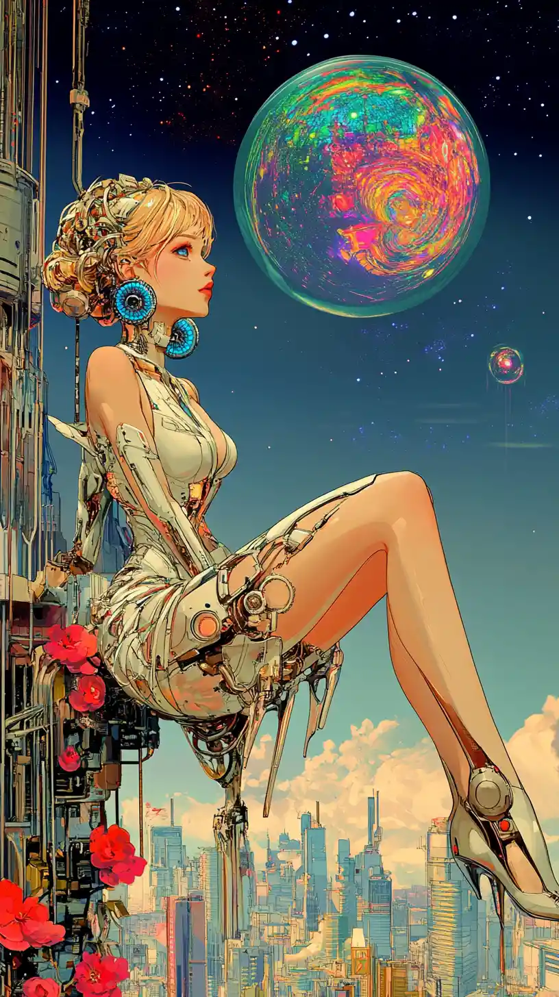 Cyborg woman gazing at a glowing psychedelic moon