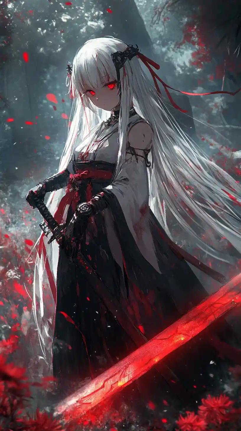 Anime girl in jungle shrine at eerie sunset