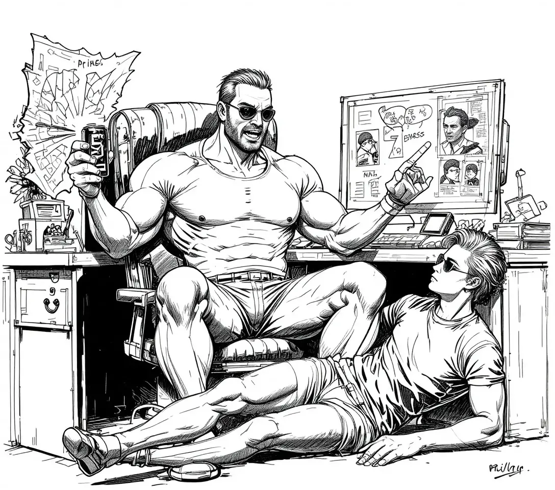 Uomo muscoloso che suda a una caotica scrivania d’ufficio in stile fumetto