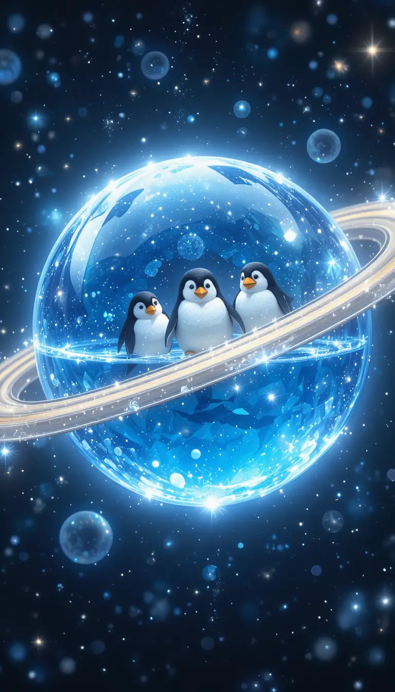 Saturno azul cristalino com pinguins fofinhos em anéis brilhantes