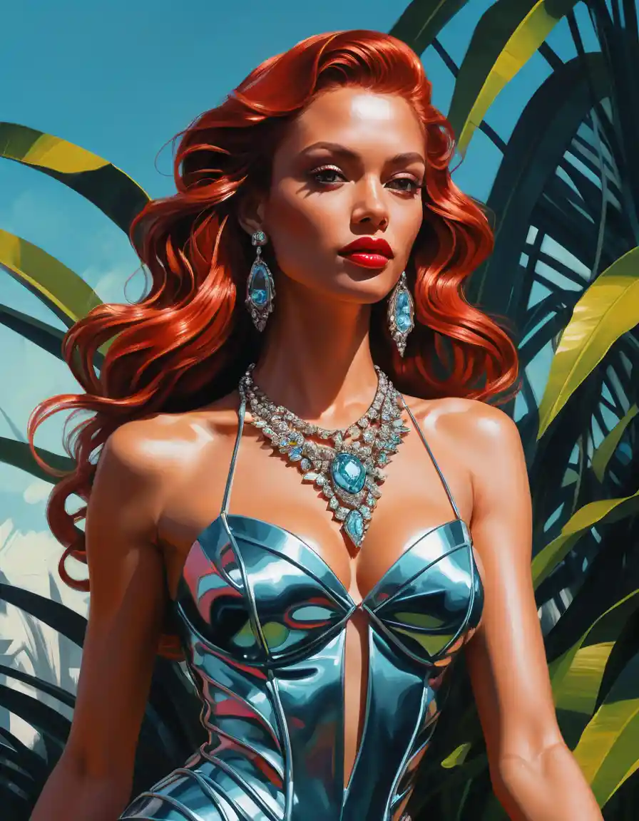 Solar punk woman in glamorous futuristic evening gown