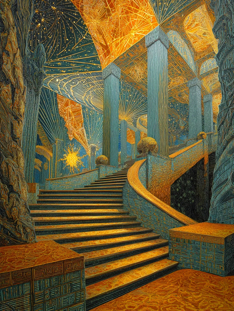 Escalera fantástica en un fastuoso paisaje onírico art déco