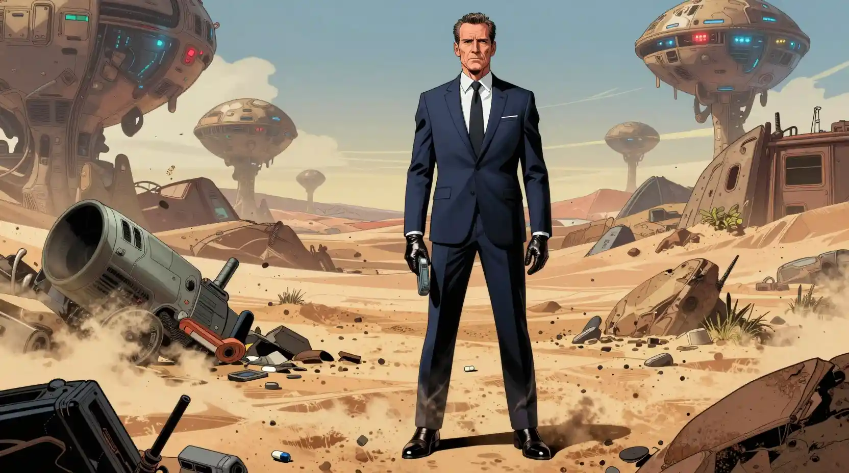Calm middle aged man standing on a chaotic alien world
