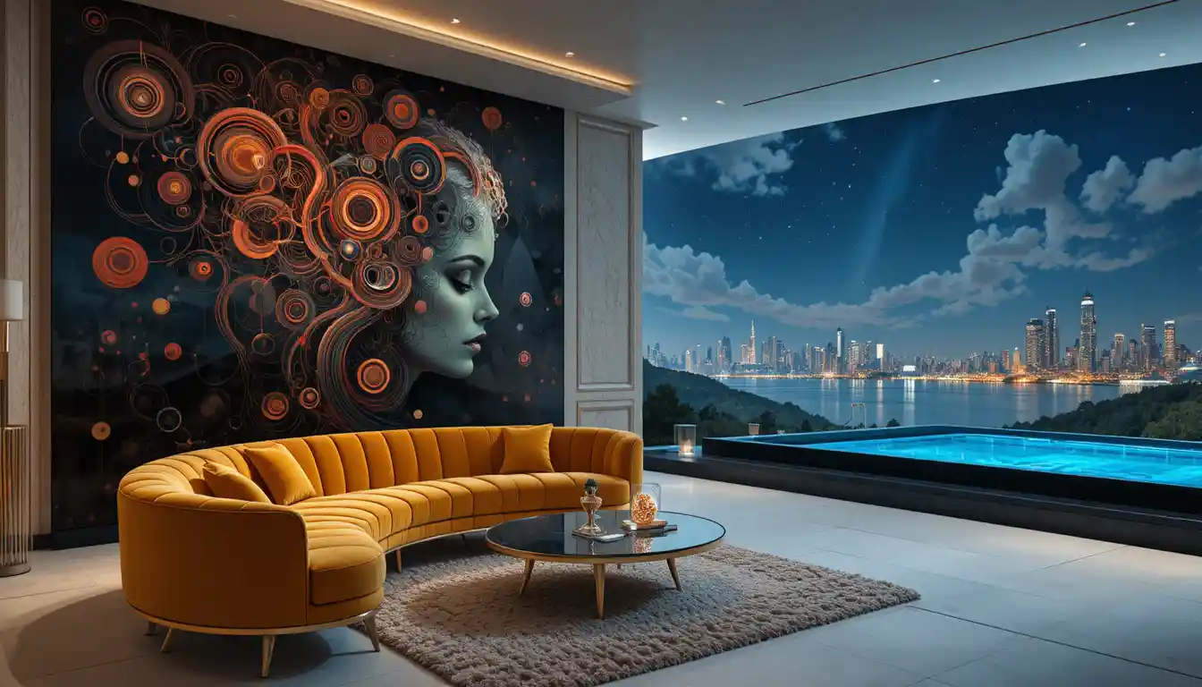 Surreal orange sofa before abstract cosmic painting in living room