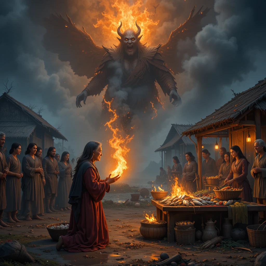 Old Woman Selling Fish By The River As Fire Demon Attacks