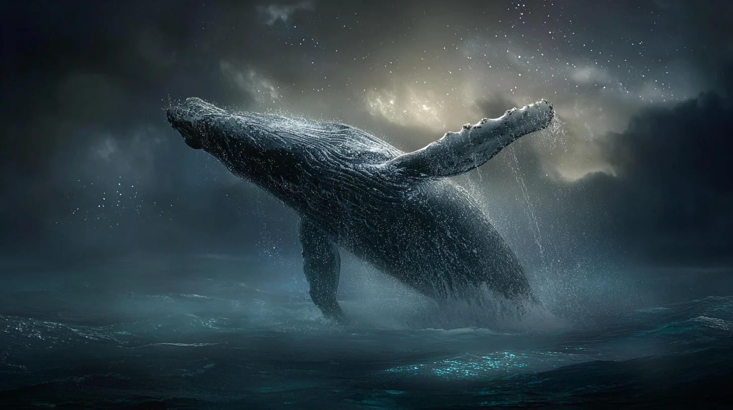Humpback whale breaching from a dark twilight ocean
