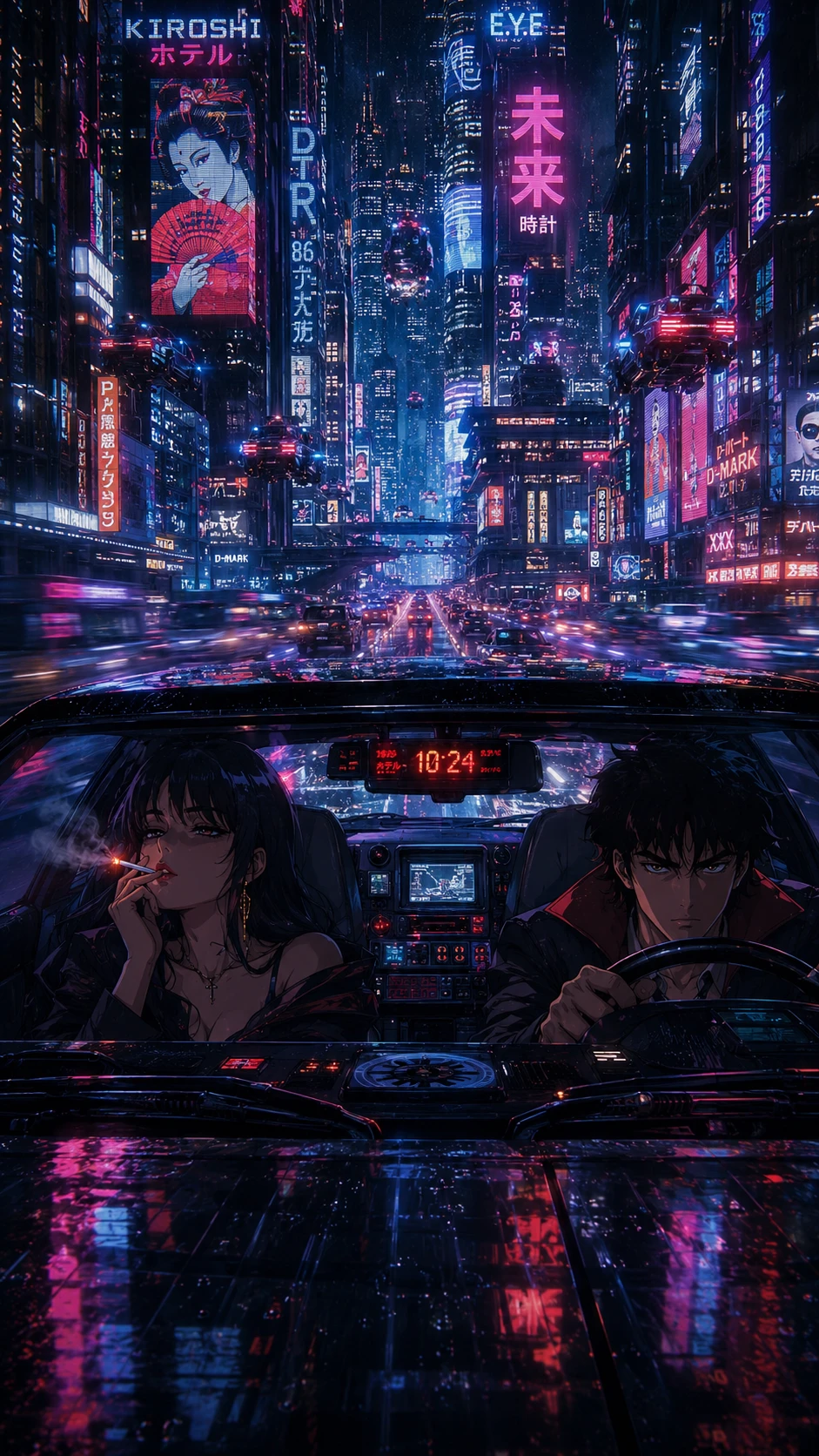 Retro cyberpunk anime couple driving through neon city