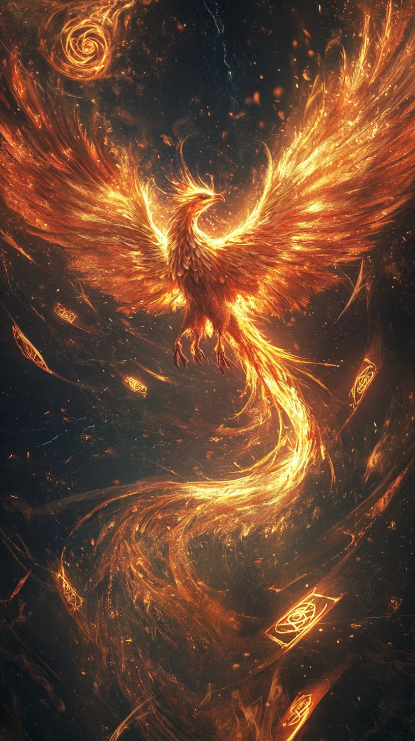 Phoenix rising from ashes with blazing rune filled wings