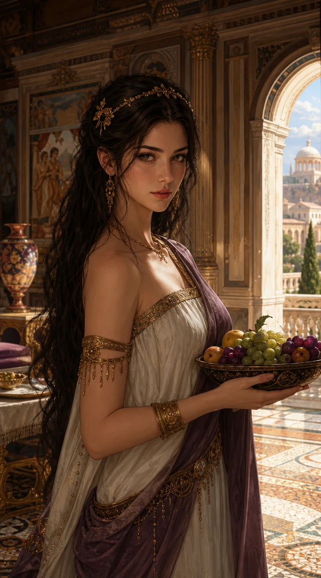 Elegante ragazza romana in stile anime che tiene della frutta in un palazzo