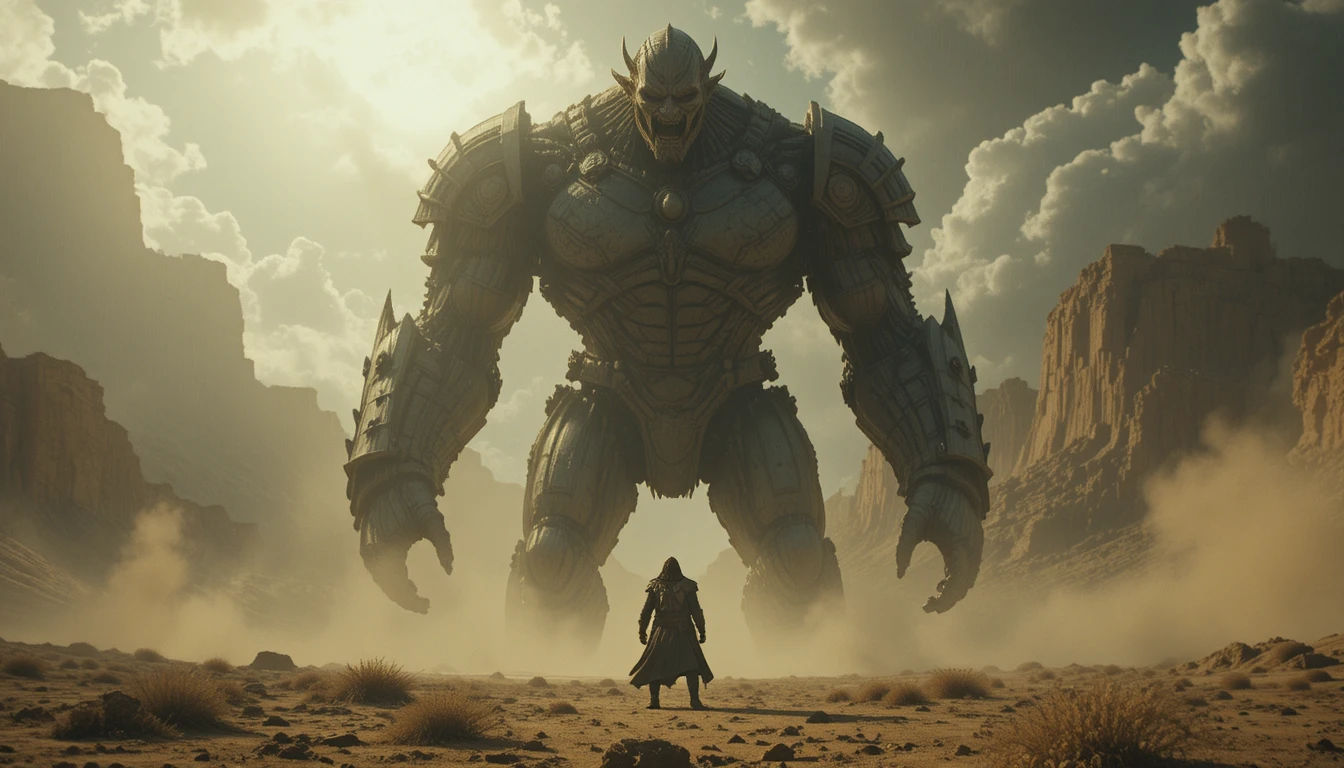 Lone warrior confronting a colossal monster in stormy desert