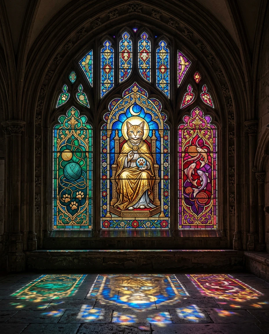 Gothic cathedral window with a saintly cat in stained glass