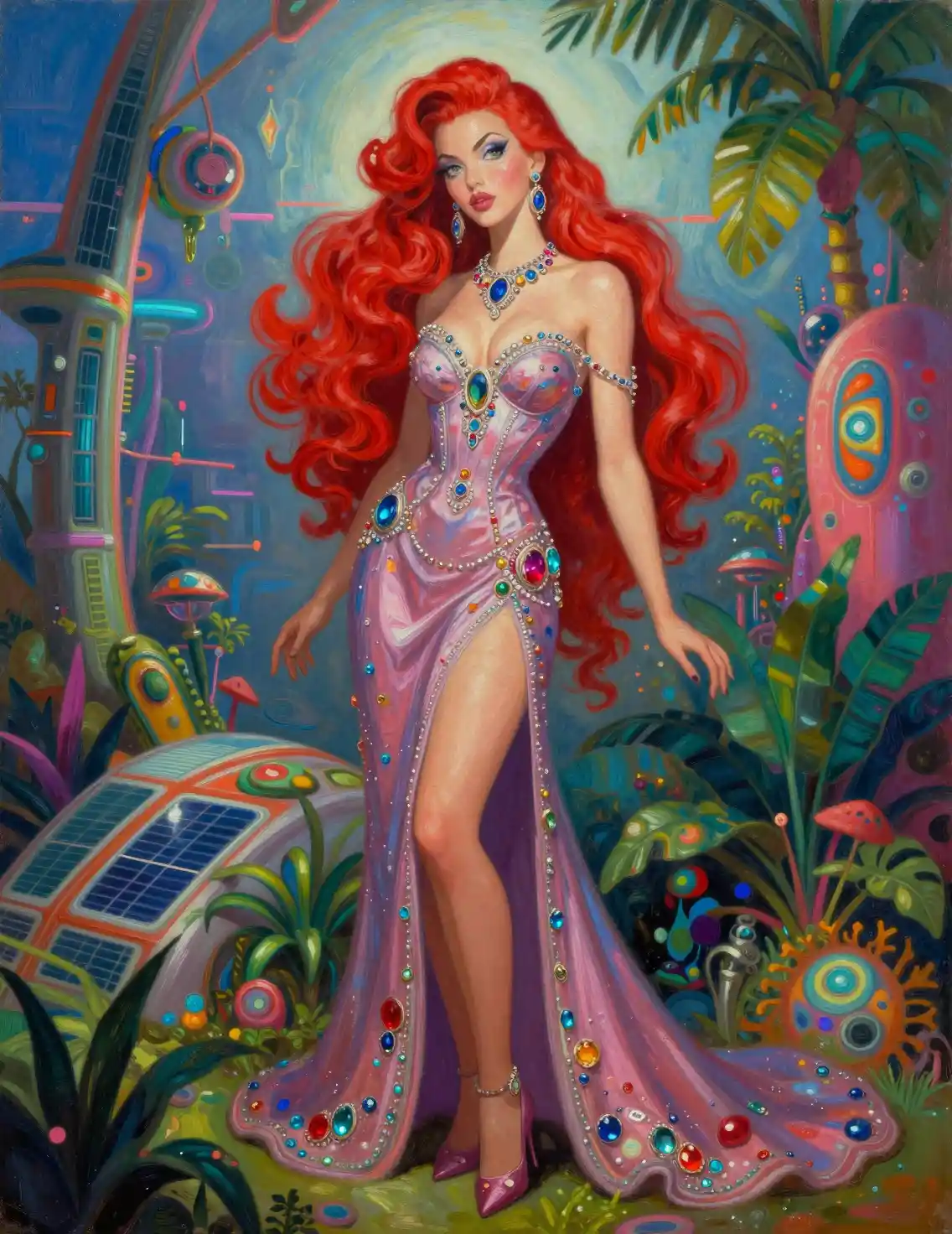 Solar punk red haired woman in glamorous fantasy gown