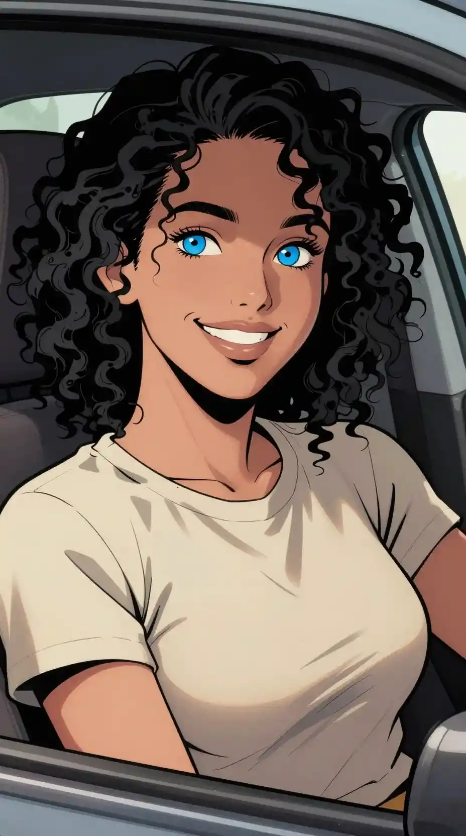 Smiling woman with blue eyes sitting in a car