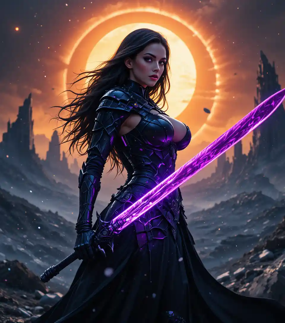 Dark paladin woman with violet runeblade under eclipse