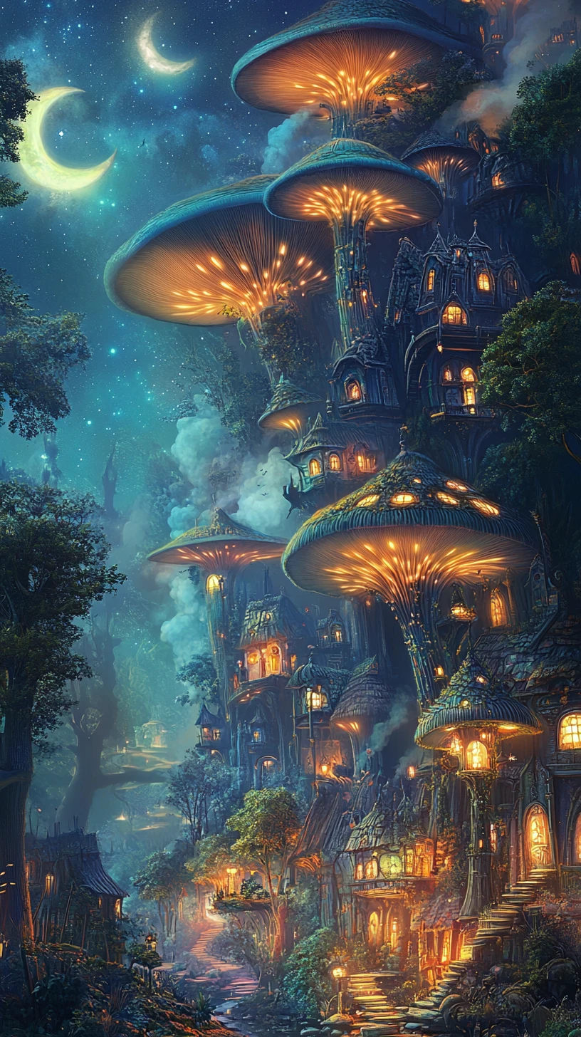 Whimsical Mushroom Village With Glowing Storybook Homes At Night