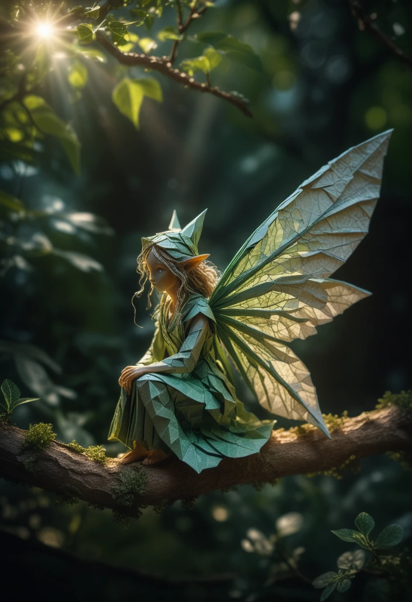 Origami fairy poised on a branch in glowing forest light