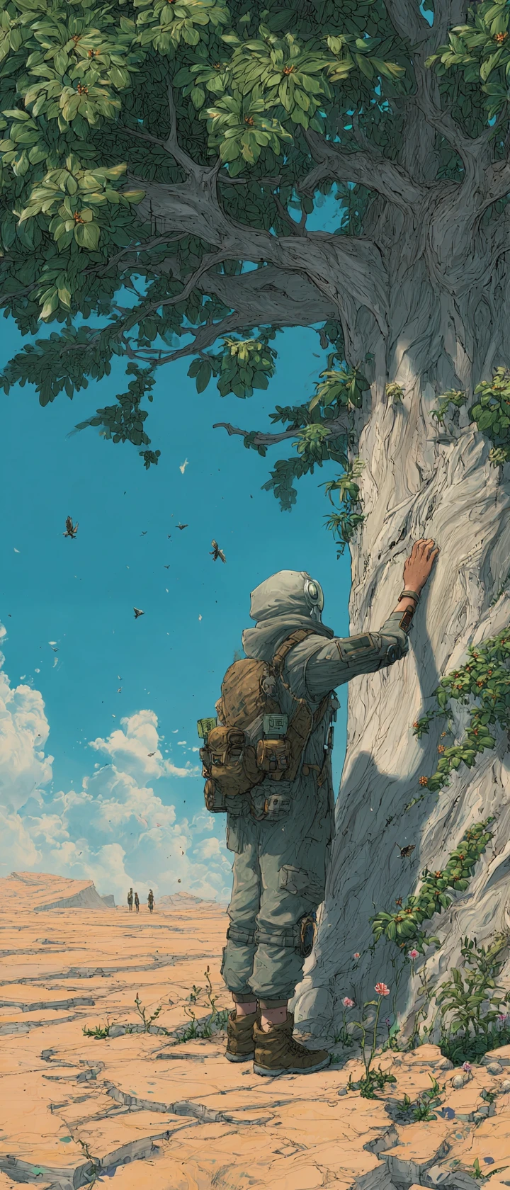 Anime-Wanderer berührt den letzten leuchtenden Baum der Erde