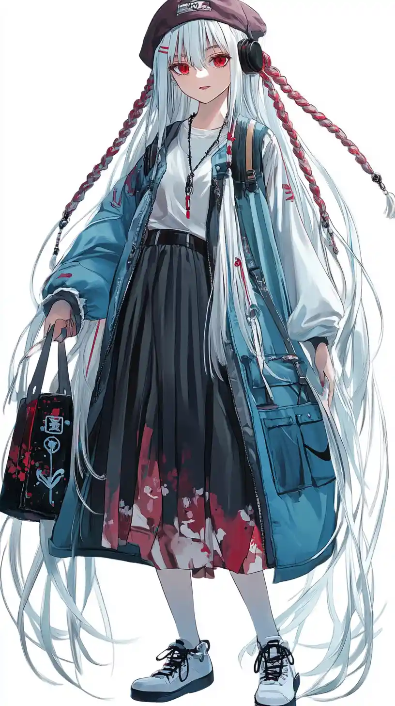 Anime girl with white hair in layered autumn outfit