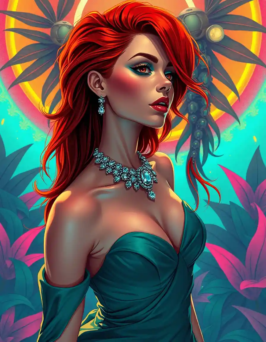 Solar punk red haired woman in elegant futuristic gown