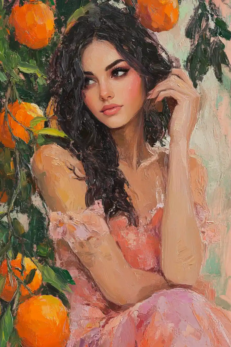 Whimsical pastel girl beside an orange tree in fantasy style