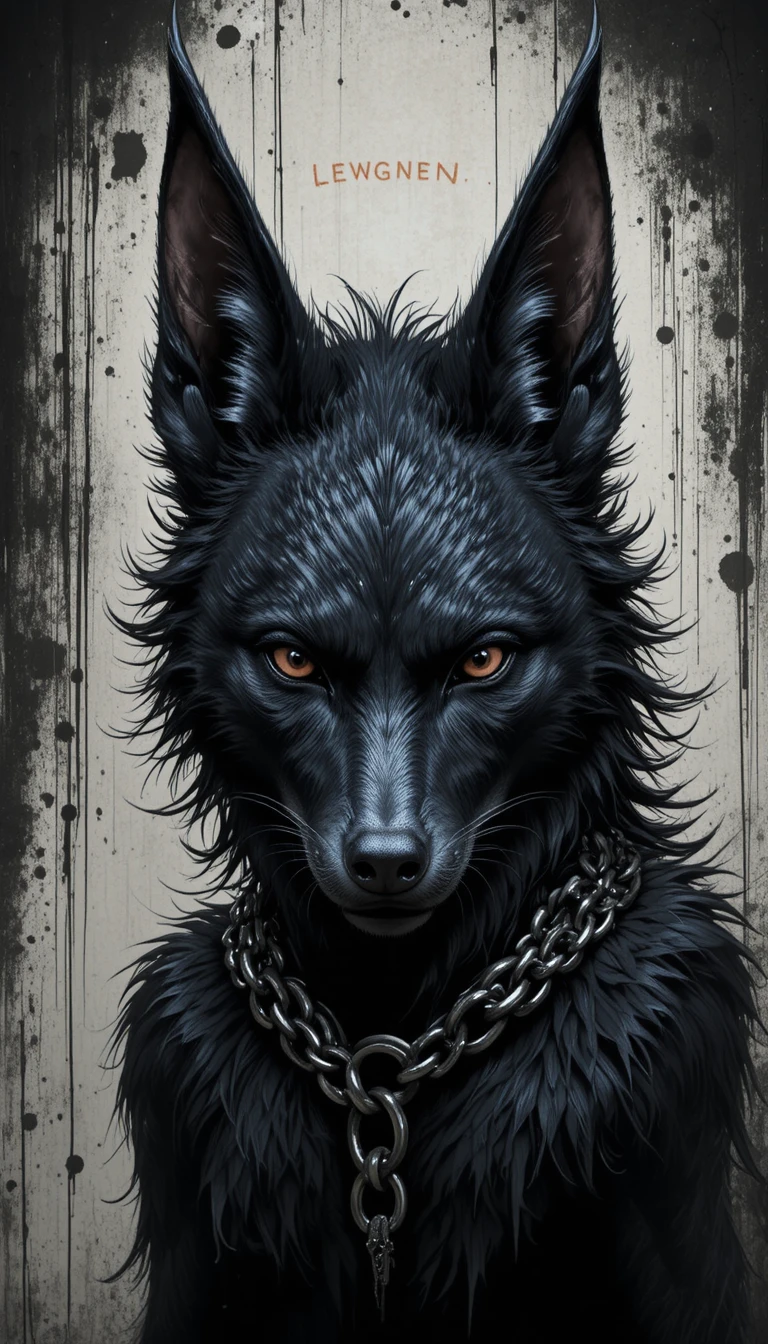 Dark wolf creature with collar against splattered backdrop