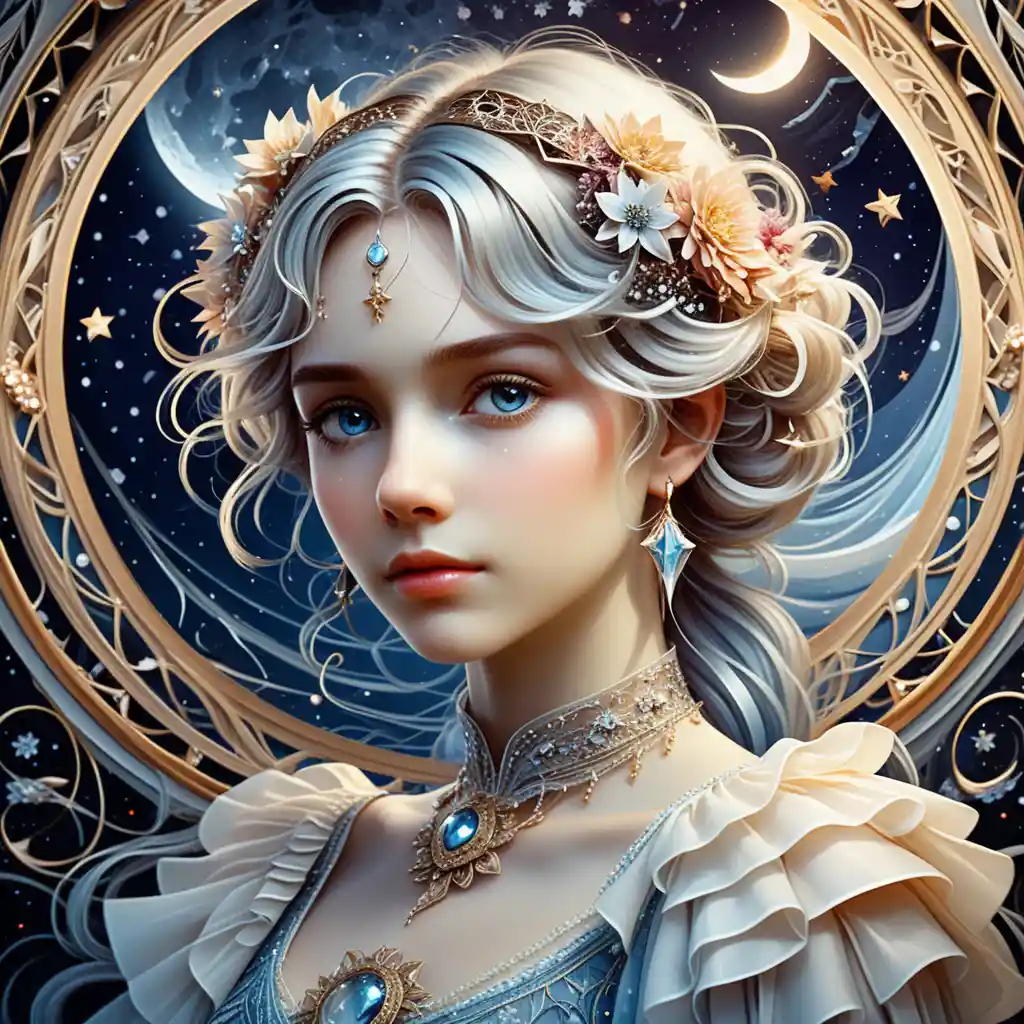 Ethereal silver haired girl against a glowing moonlit sky