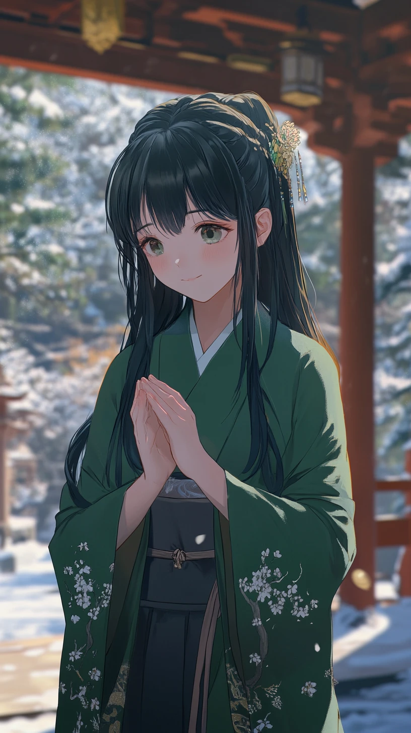 Sad anime girl in a golden dress before a forest temple