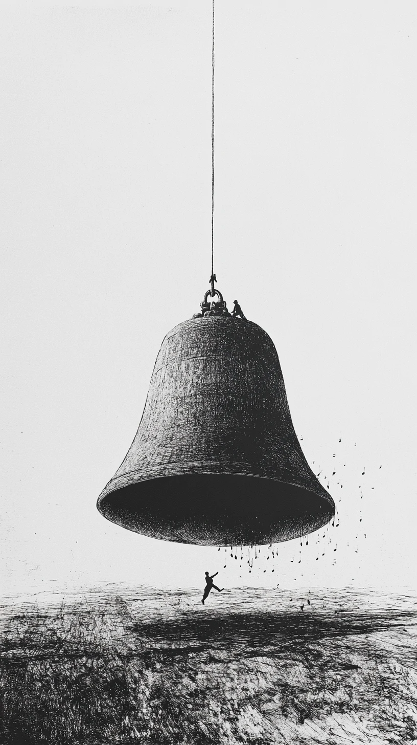 Tiny climber on giant grounded bell in silent motion