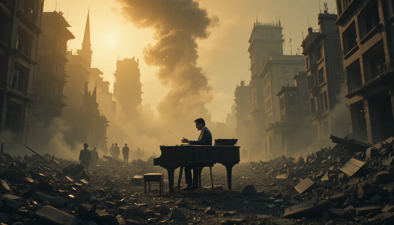 Pianist Playing Grand Piano In A Ruined Cityscape